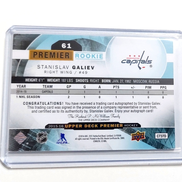 Stanislav Galiev Autographed Upper Deck Premier Rookie Card Capitals 062/399 - Picture 2 of 2